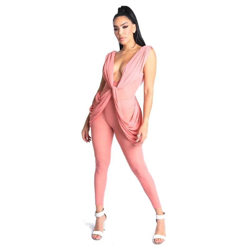 high-waisted dressSexy Sleeveless Lightweight Draped Mesh Jumpsuit Party Clubwear Mauve