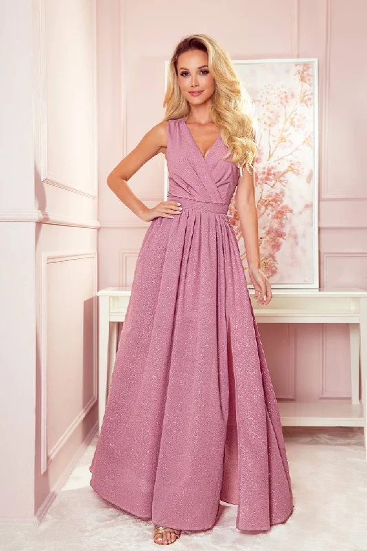 ruffle dressNumoco 362-1 JUSTINE Long dress with a neckline and a tie - powder pink with glitter