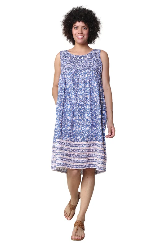 trendy dressLa Cera 100% Cotton Elegant Blue Floral Sleeveless Dress