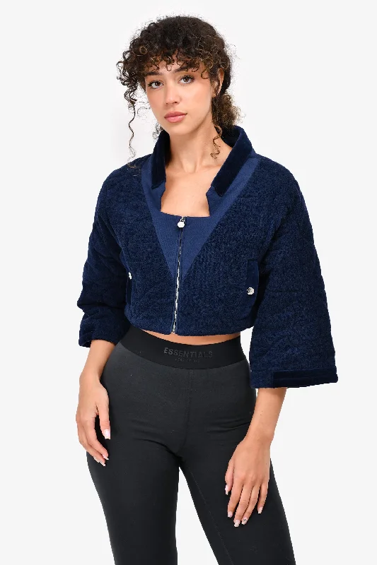 casual coatPre-Loved Chanel™ Navy Blue Quilted Terry Cropped Zip Jacket Size 38