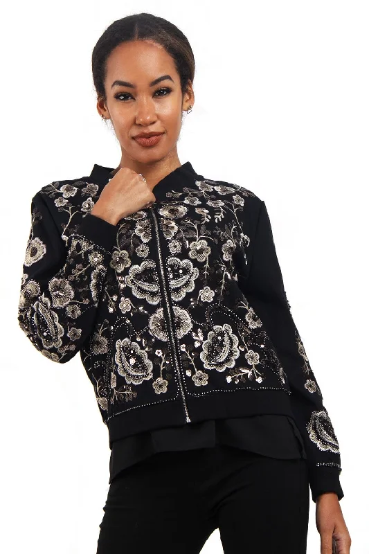 contemporary coatGrey Embellished Floral Design Bomber Jacket