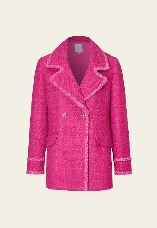 casual sports coatFuchsia Double-Breasted Lapel Tweed Coat