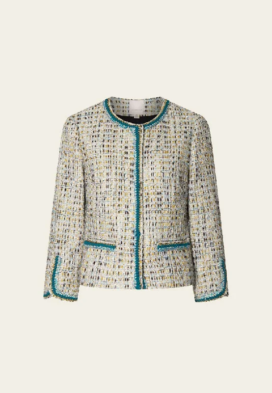 utility coatEarth Tone Blue And Gold Detailing Tweed Jacket