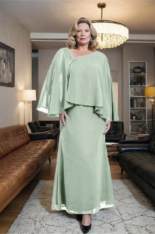 long sleeve dressElegant Chiffon Ankle Length Mother of the Bride Dress with Crystal