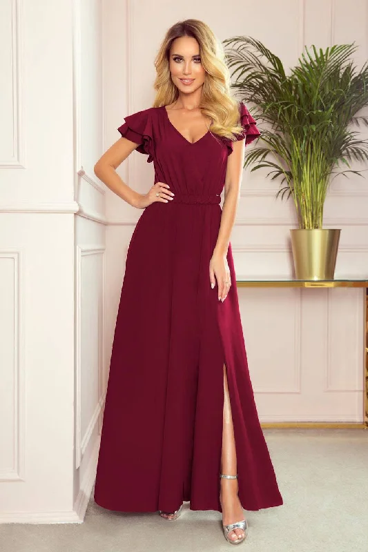 long-sleeve floral dressNumoco 310-5 LIDIA long dress with a neckline and frills - burgundy color