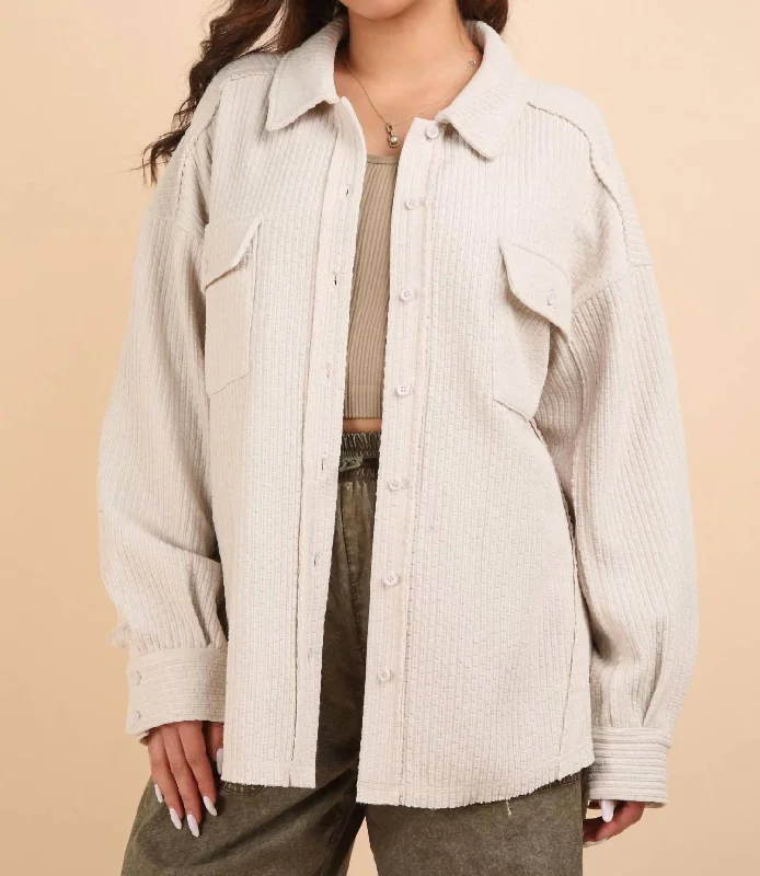 Oversized Casual Textured Knit Cozy Shacket Jacket In Ecru