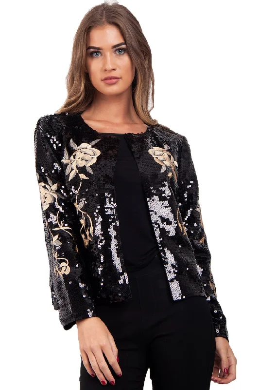 fashion-forward coatBlack Sequins Embellished and Floral Embroidered Blazer Jacket