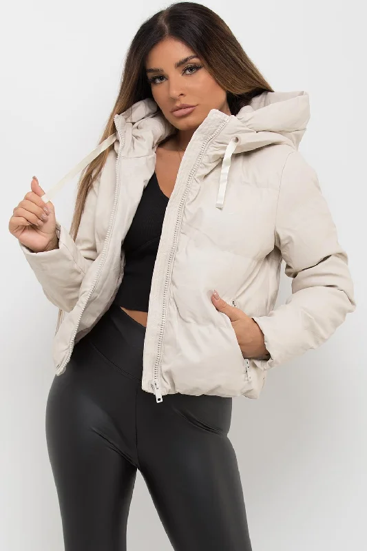 retro coatFaux Leather Puffer Jacket With Hood Beige