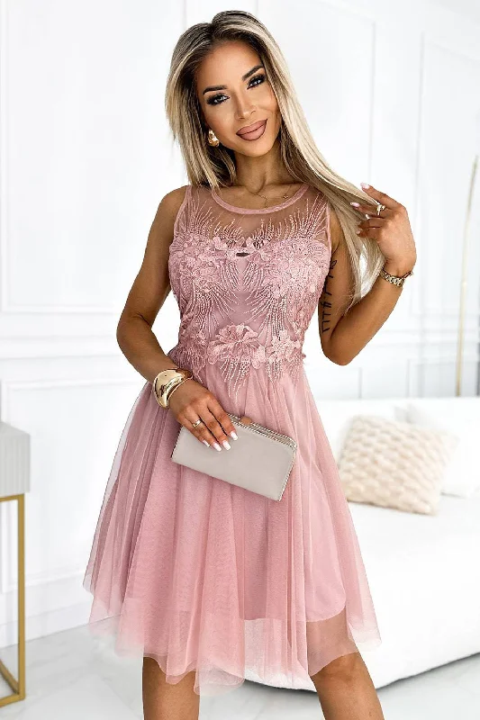 classic fit-and-flare dressNumoco Basic 522-1 CATERINA Feminine dress with guipure and delicate tulle - powder pink