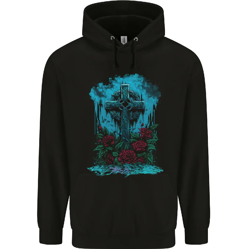 oversized hoodie with drawstringsA Gothic Celtic Cross and Roses Mens 80% Cotton Hoodie