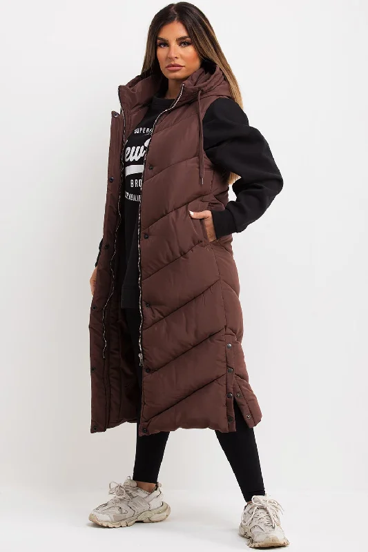 contemporary trench coatBrown Long Gilet With Chevron Padded Style