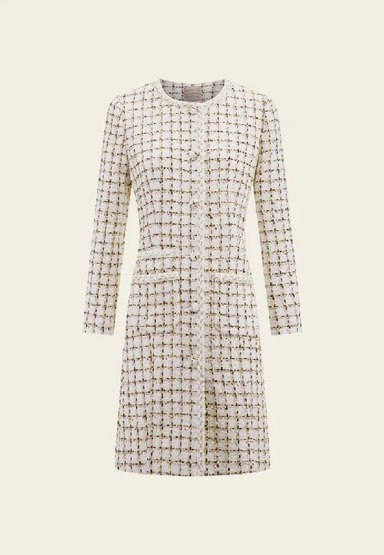 modern outerwearCheck White Tweed Thigh Length Coat