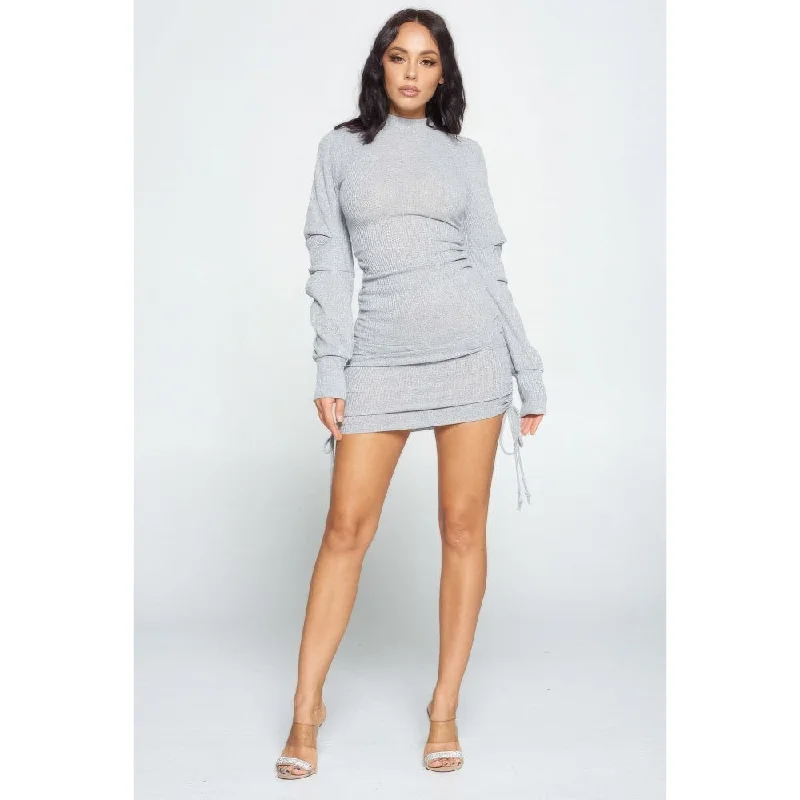 casual dressSolid Color Mock Neck Mini Bodycon Dress with Drawstring and Long Sleeves