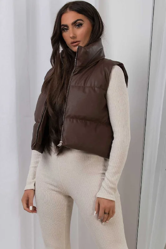 comfortable winter coatCrop Gilet In Faux Leather Brown