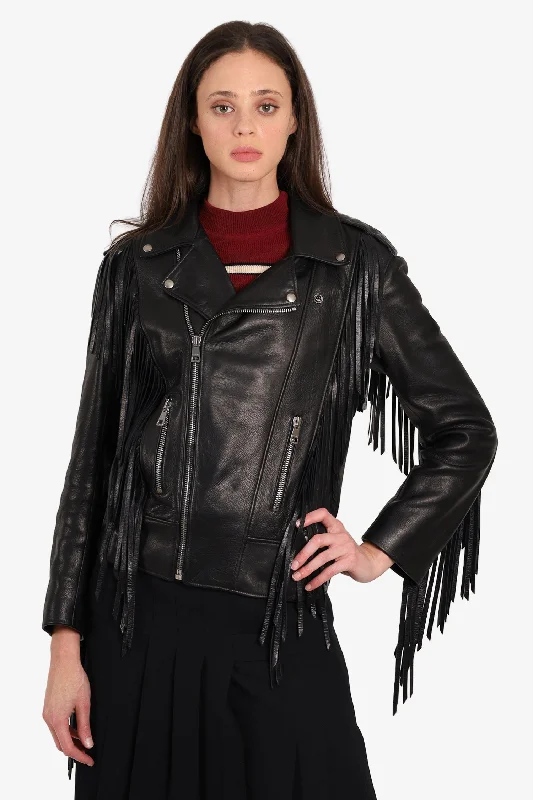 sleek jacketGucci Black Leather Fringe Beaded Jacket Size 38