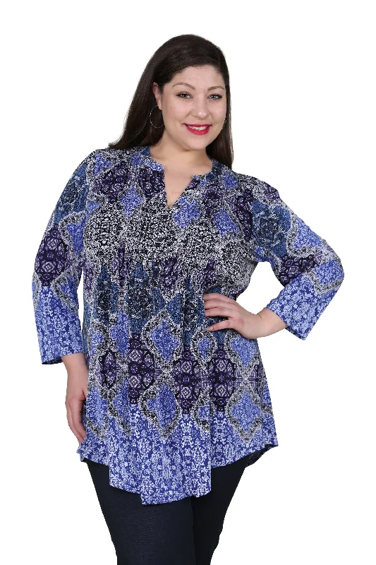 mini dressPlus Size La Cera Pleat Front Printed Tunic Blue Multi