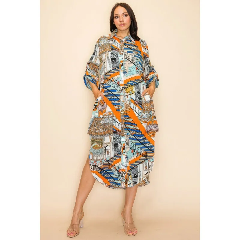 wool dressLong and Three Quarter Sleeves Multicolor Printed Shirt Dress