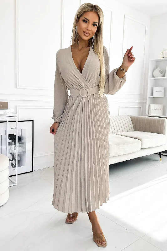 trendy bodycon dressNumoco Basic 504-2 VIVIANA Pleated midi dress with a neckline, long sleeves and a wide belt - beige colour