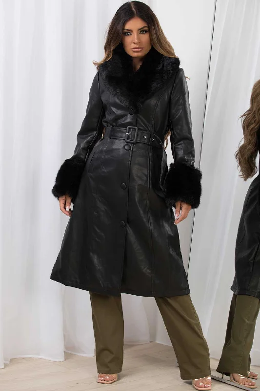 chic outerwearLong Faux Fur Faux Leather Jacket With Belt Black