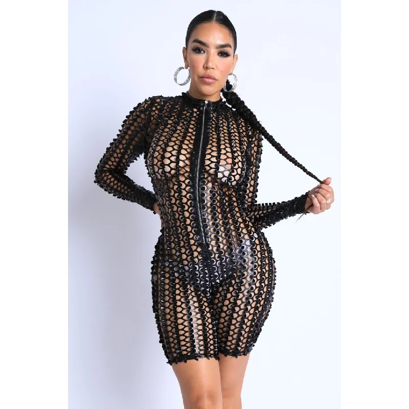 chic shift dressSexy Club Outfit Romper Long Sleeve Cutting Mesh Bodysuit Black