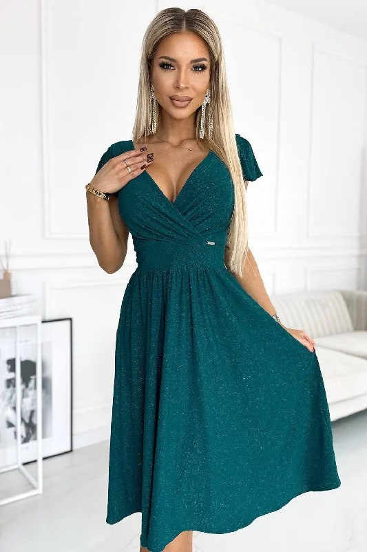 stylish party dressNumoco 425-6 MATILDE Dress with a neckline and short sleeves - green with glitter