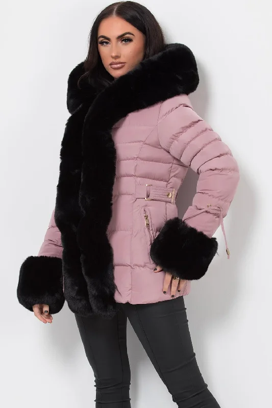 oversized coatPink Puffer Coat With Faux Fur Hood And Cuff