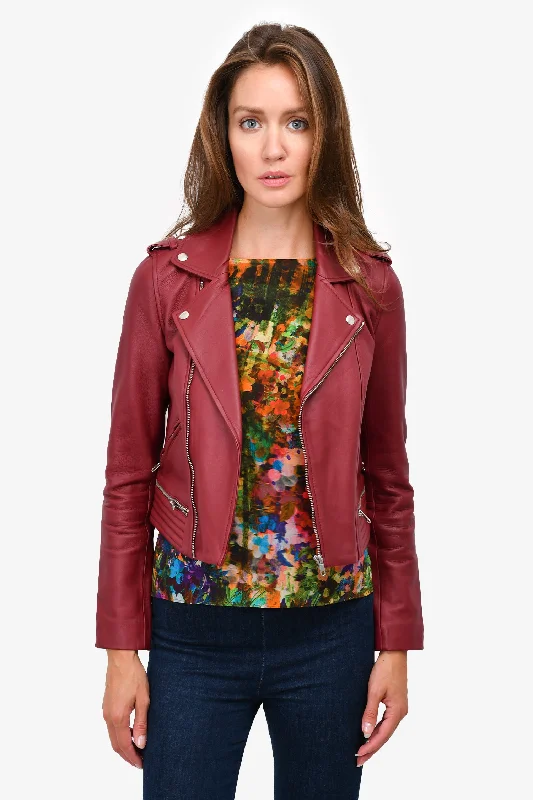 contemporary coatMaje Burgundy Leather Biker Jacket Size 36