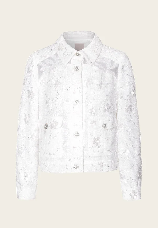 long-sleeve winter jacketLapel White Tweed Sequin and Bead Detailing Jacket