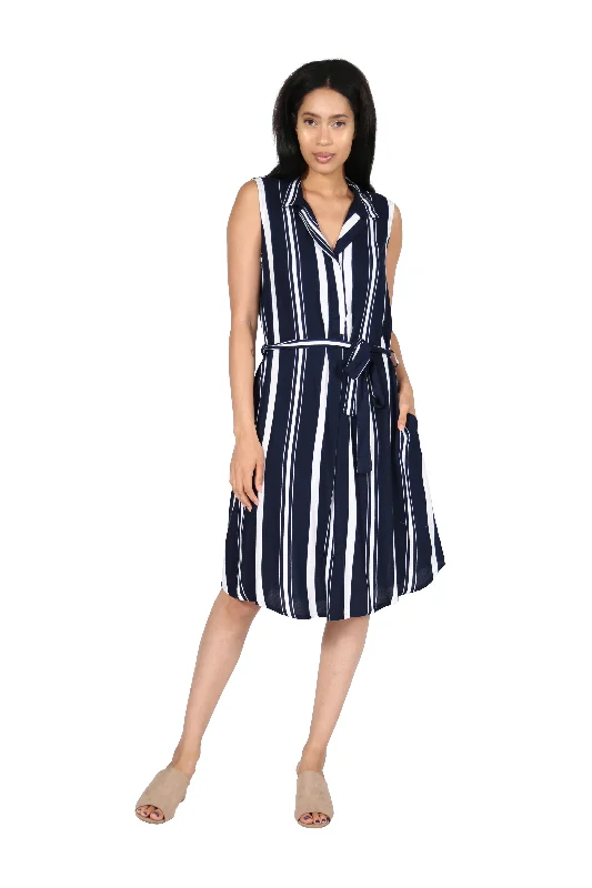 stylish dressLa Cera Navy Stripe Belted Rayon Dress