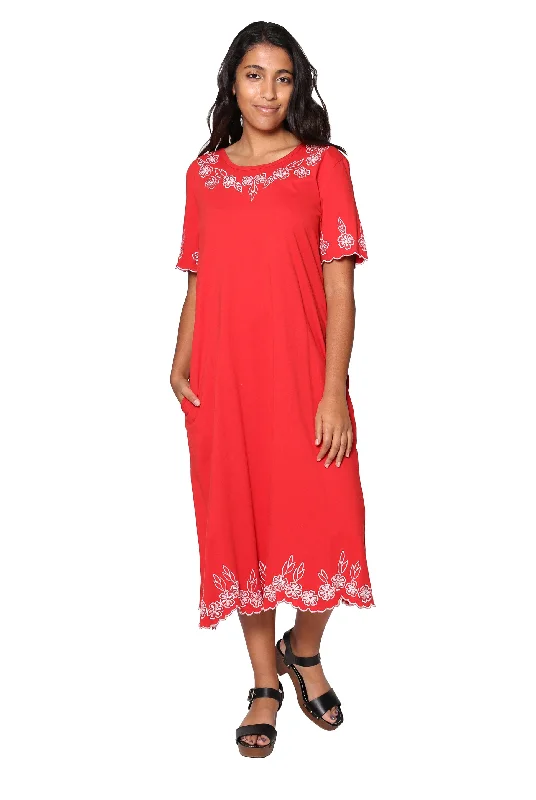 ruffle dressLa Cera 100% Cotton Knit Embroidered A-Line Dress