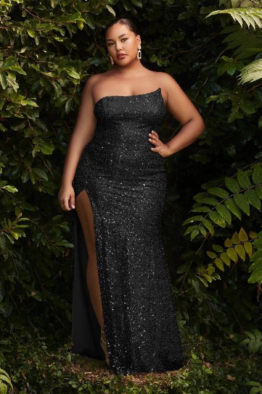 wrap-around dressFitted Assymetrical Glittery Embellished Sequins Plus Size Leg Slit Long Prom & Bridesmaid Dress CDCH165C