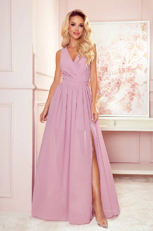 off-the-shoulder dressNumoco 362-3 JUSTINE Long dress with a neckline and a tie - dirty pink