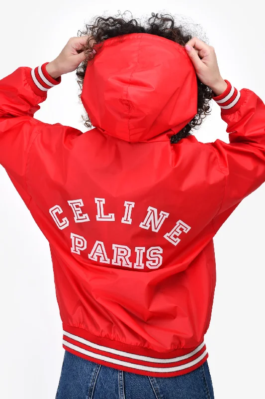 comfortable coatCeline Red Nylon Quarter Zip 'Celine Paris' Logo Windbreaker Size 38