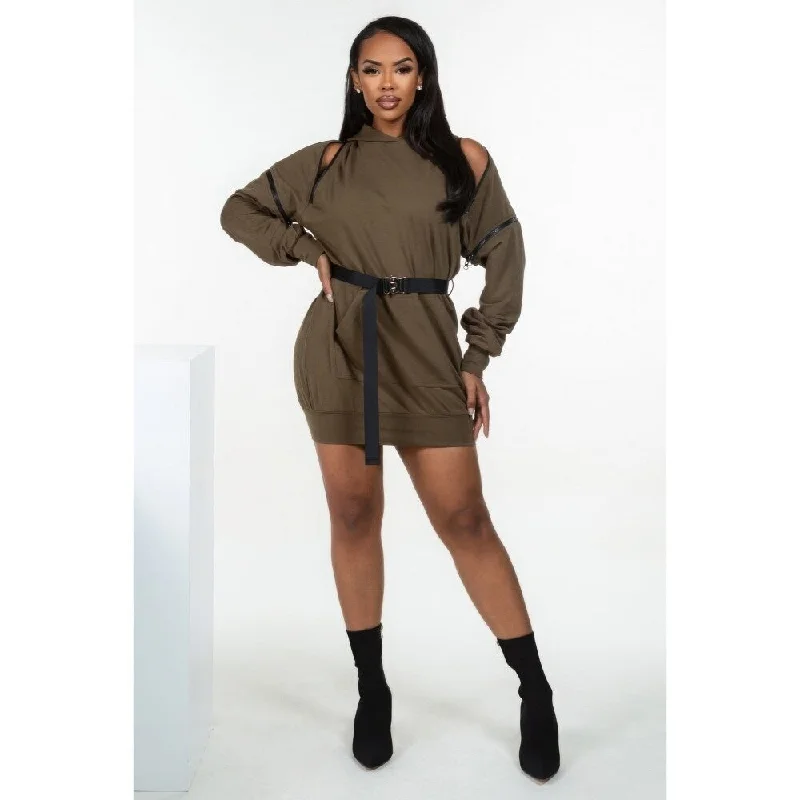 casual slip dressOlive Double Zipper Long Sleeve Hooded Mini Dress