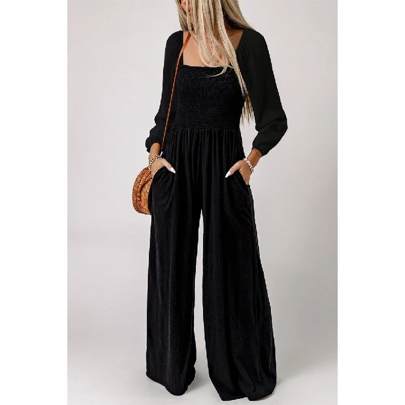 sophisticated dressRyleigh Smocked Square Neck Long Sleeve Wide Leg Jumpsuit