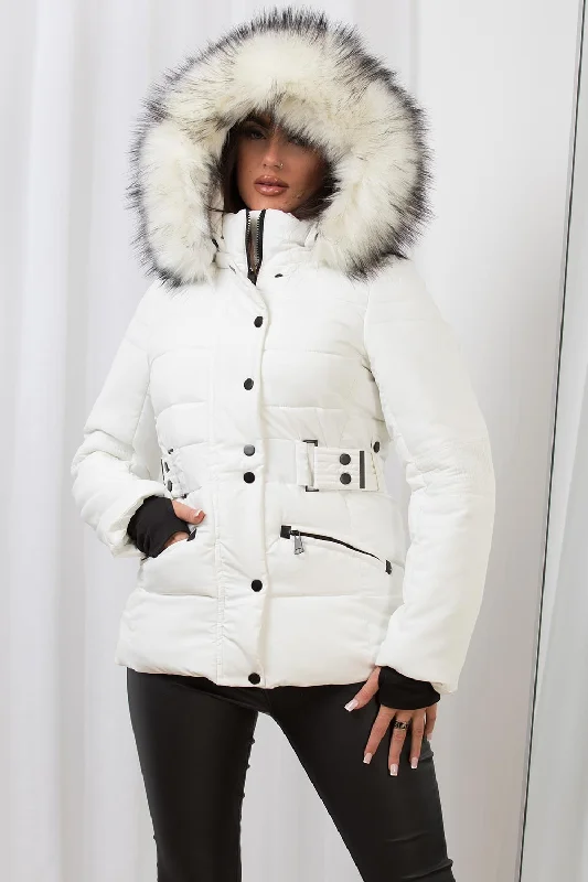 fashionable quilted coatFaux Fur Hood Puffer Jacket With Buckle Belt White