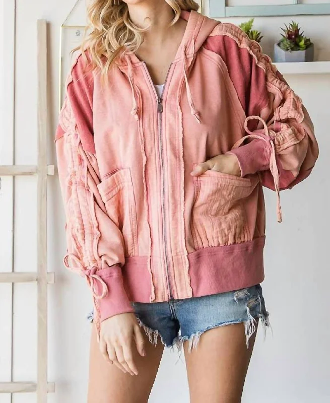 Washed Fabric Mixed Cinched Sleeve Jacket In Dark Rose