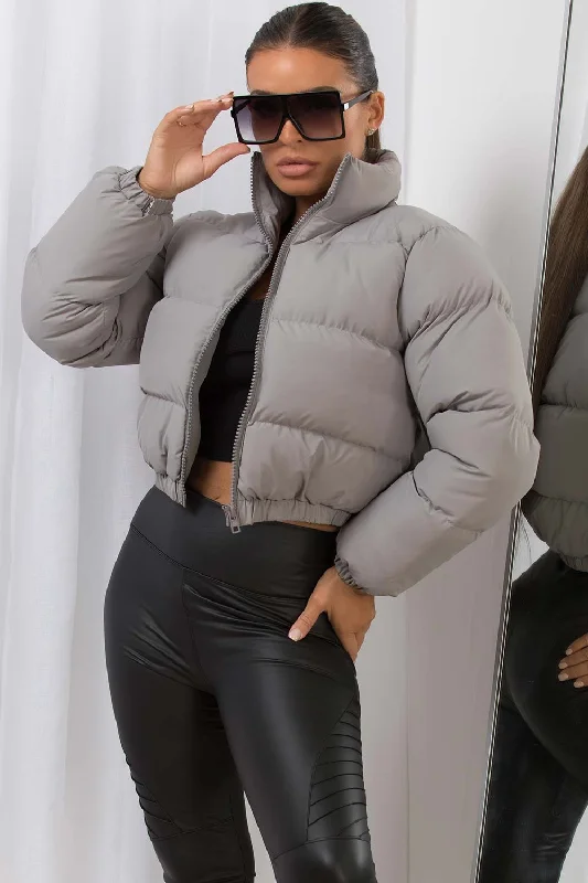 trendy bomber coatGrey Crop Puffer Jacket