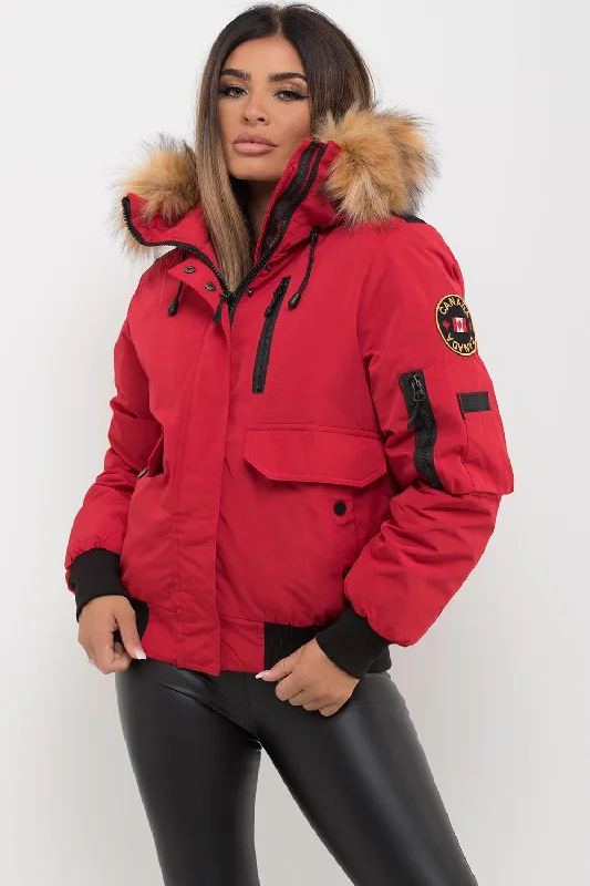 wool coatCanada Bomber Jacket With Fur Hood Red