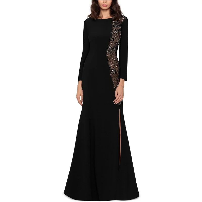 sophisticated dressXSCAPE Womens Embellished Illusion Sheath Slit Dress, Black, 16