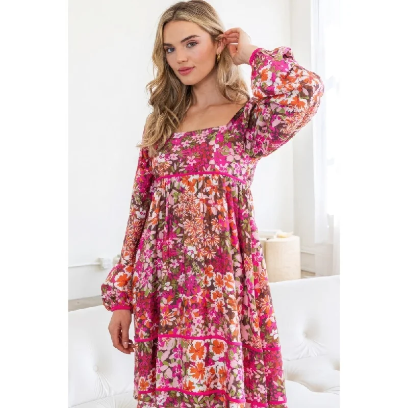 satin midi dressLong Sleeves Square Neckline Floral MIni Dress