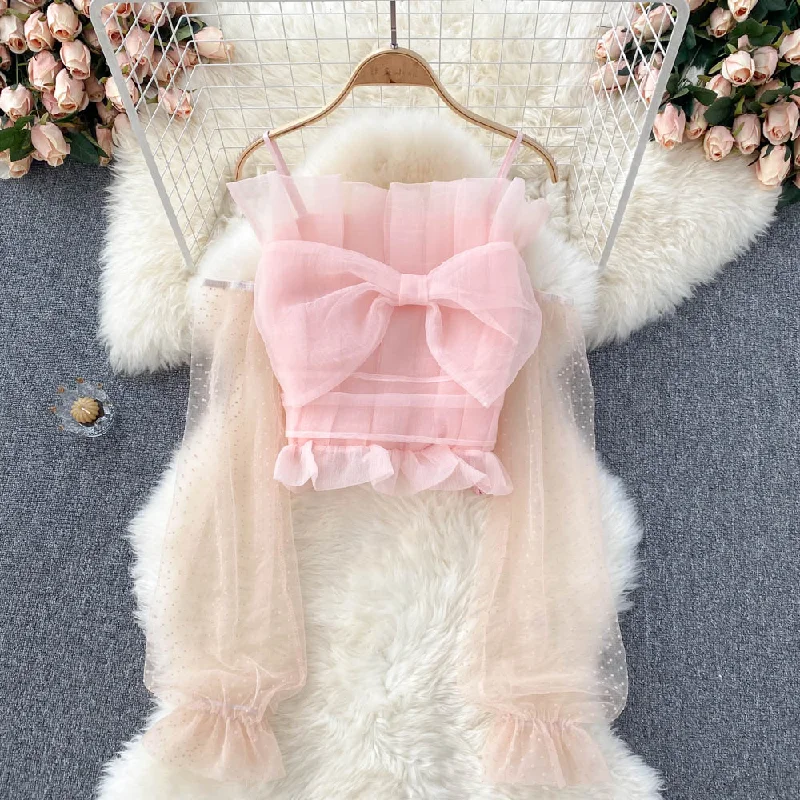 casual utility jacketCute tulle bow long sleeve tops crop tops      S242