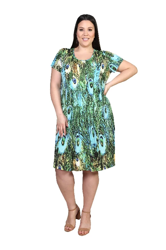 office dressLa Cera Plus Size Peacock Print Short Sleeve Dress