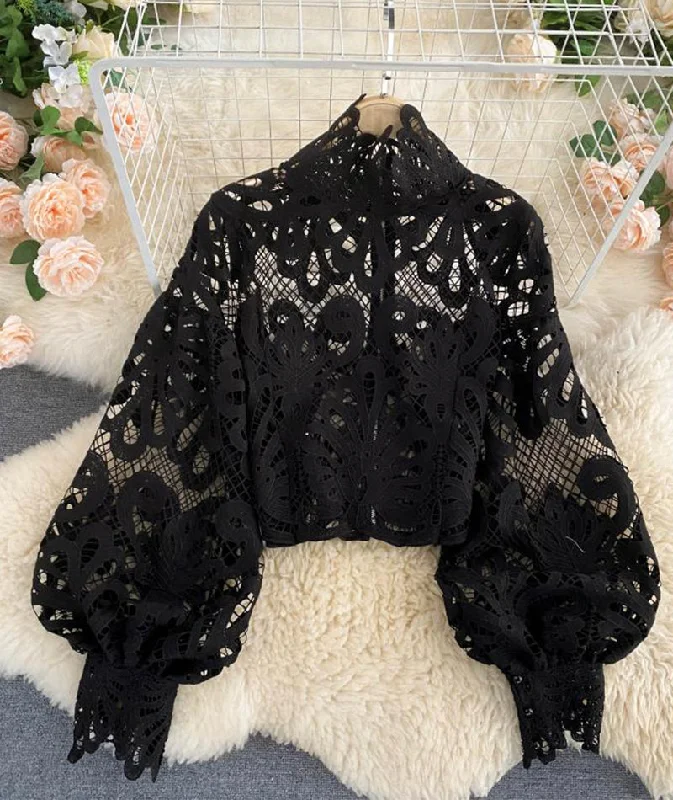 oversized coatStylish hollow lace top puff sleeve top   S107