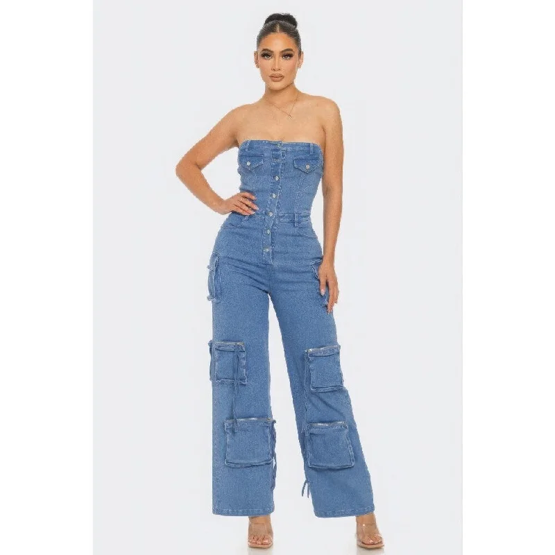 mini dressStrapless Neckline front Button Closure Stretch Denim Jumpsuit