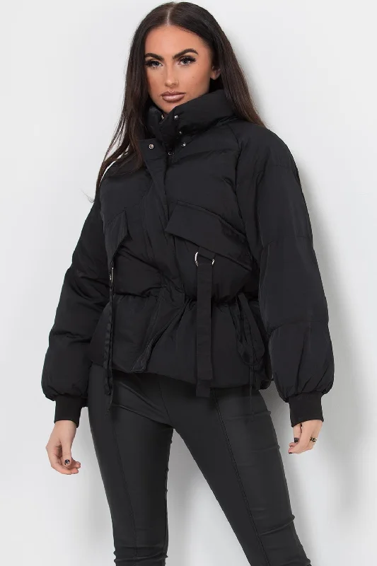 fitted coatBlack Puffer Jacket With Pocket Detail