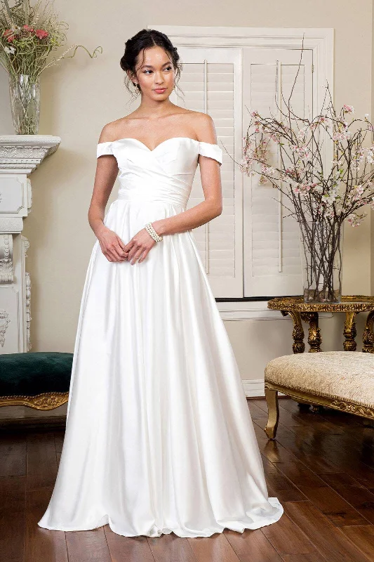 casual slip dressPleated Waistline Sweethearted Cut-Away Shoulder Satin A-Line Long Wedding Dress - Mask Not Included GLGL1908