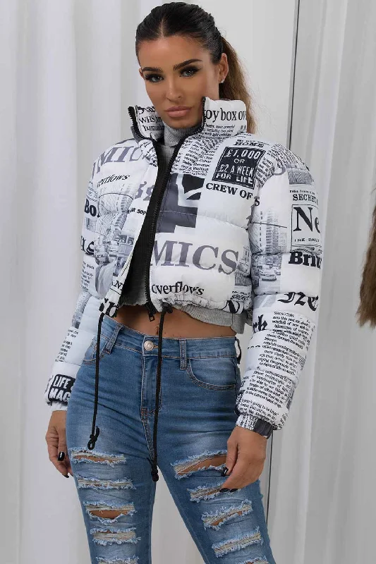 warm trench coatCropped Puffer Jacket Newspaper Print