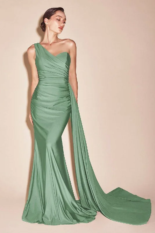 minimalistic dressOne Shoulde Stretch Satin Mermaid Side Hip Sash Long Prom Dress CDPT004