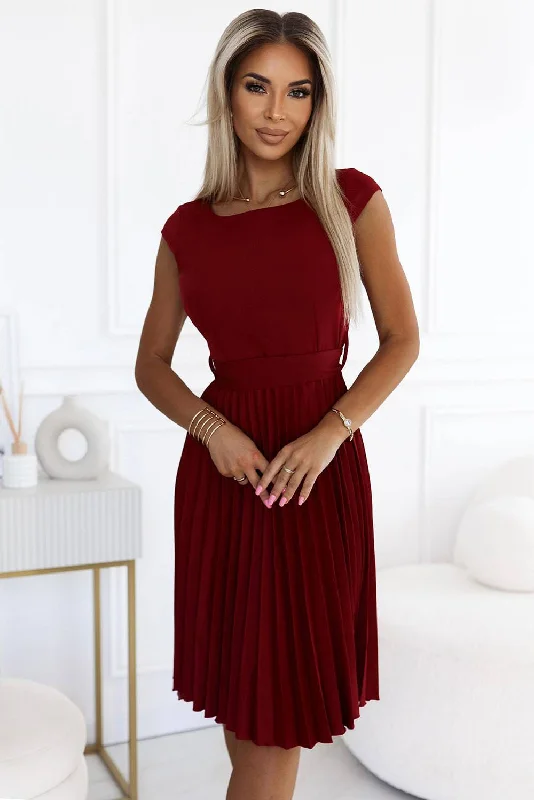 satin dressNumoco 311-15 LILA Pleated dress with short sleeves - color burgundy